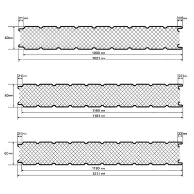 Стеновые сэндвич панели пенополиуретан, ширина 1200 мм, толщина 80 мм, 0.5/0.5, RAL5002